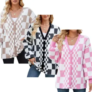 JUNBAOSS Women's Long Sleeve Oversized Open Front Cardigan Button Down Ribbed Loose Knit Outerwear in Checkered Design 65% Cotton 35% Polyester Casual & Elegant Knitwear