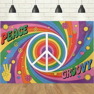 1pc 2D Retro Hippie Peace Banner, Rainbow Swirl & Peace Sign Design, Vibrant Colorful Vibe, HD Print, Perfect for Hippie Theme Party / Music Festival / Peace Event & Retro Gathering Decor Backdrop