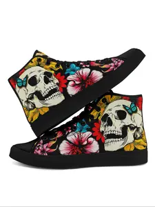 Women's Halloween Themed Lace Up Sneakers, Cartoon Ghost/Skull & Floral & Butterfly Print High Top Canvas Shoes, Casual Comfortable Lightweight Athletic Sports Shoes for Daily Wear