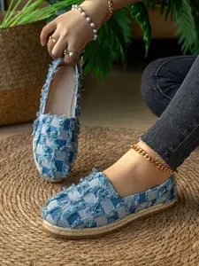 Vintage Denim Patchwork Canvas Shoe, Slip-On Low Top Thick Sole Breathable Casual Shoes, Round Toe Medium Width PU Leather Sneakers