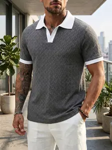Men's Herringbone Jacquard Colorblock Polo Shirt, Breathable Knit Short Sleeve, Casual Daily Wear, Golf Business Leisure