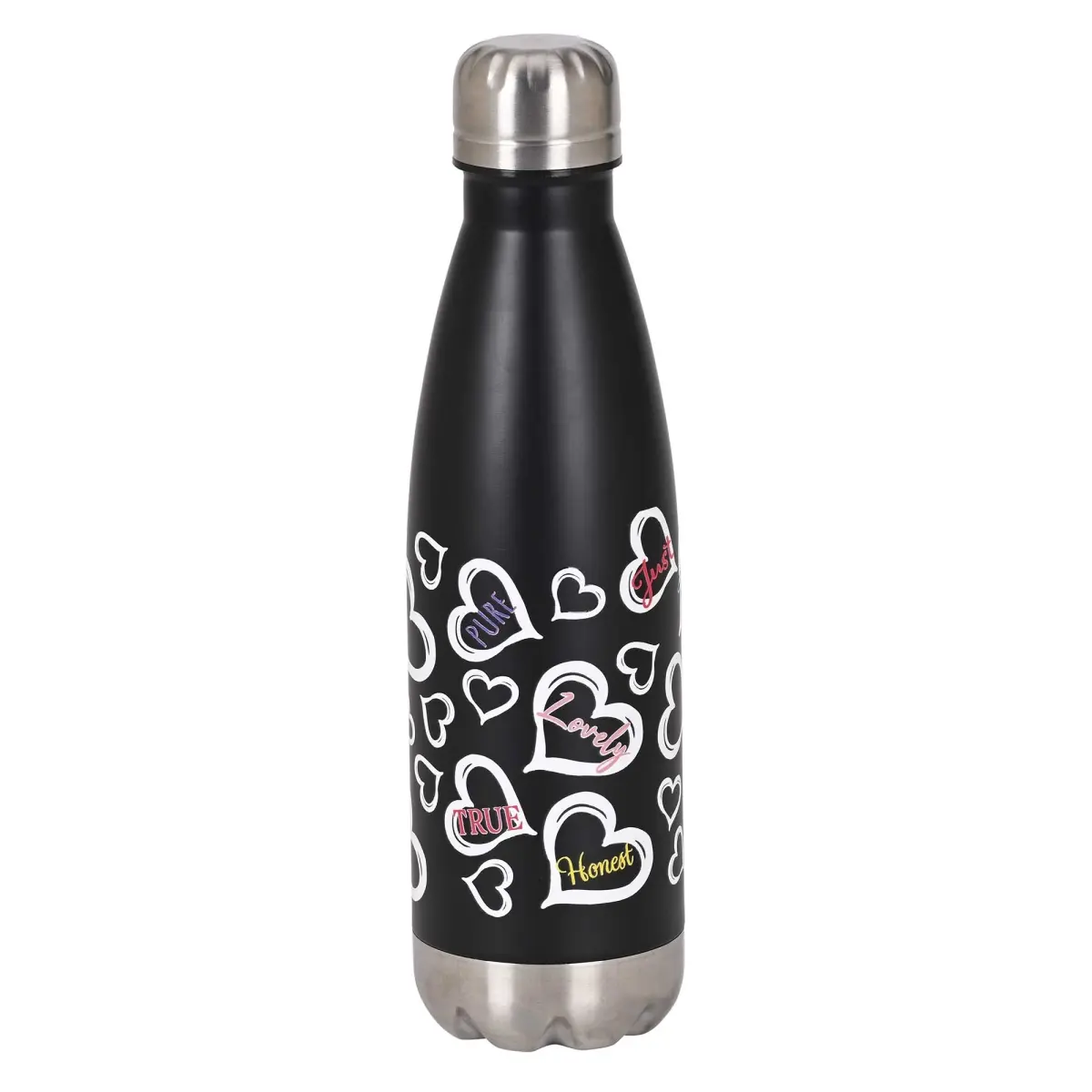 360 Stand Stainless Steel 17oz Portable Water Bottle - Sturdy Reusable Plastic-Free Design, Spill-Proof Silicone Washable Lid, Heart Motifs Wrap-Around Print (WHT, Dicksons SSWBBLK-25), Reusable Water Bottles, Custom-Printed Water Bottles