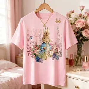 Women's Vintage Graphic Tees - Easter Peter Rabbit Floral Oversized T-Shirt | Cute Spring Bunny Egg Trendy Tops
