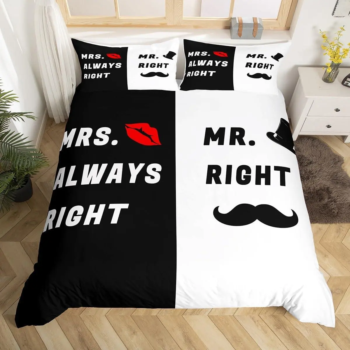 Mr Right Mrs Always Right Duvet Cover Set,Couple Wedding Bedding Set,Black and White Comforter Cover Set,Wedding Anniversary I Love You Gift for Her Romantic Valentine's Day