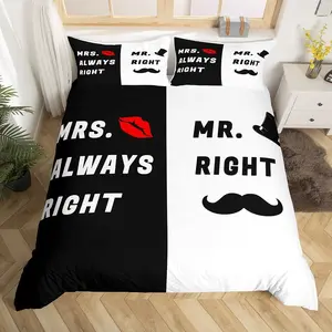 Mr Right Mrs Always Right Duvet Cover Set,Couple Wedding Bedding Set,Black and White Comforter Cover Set,Wedding Anniversary I Love You Gift for Her Romantic Valentine's Day