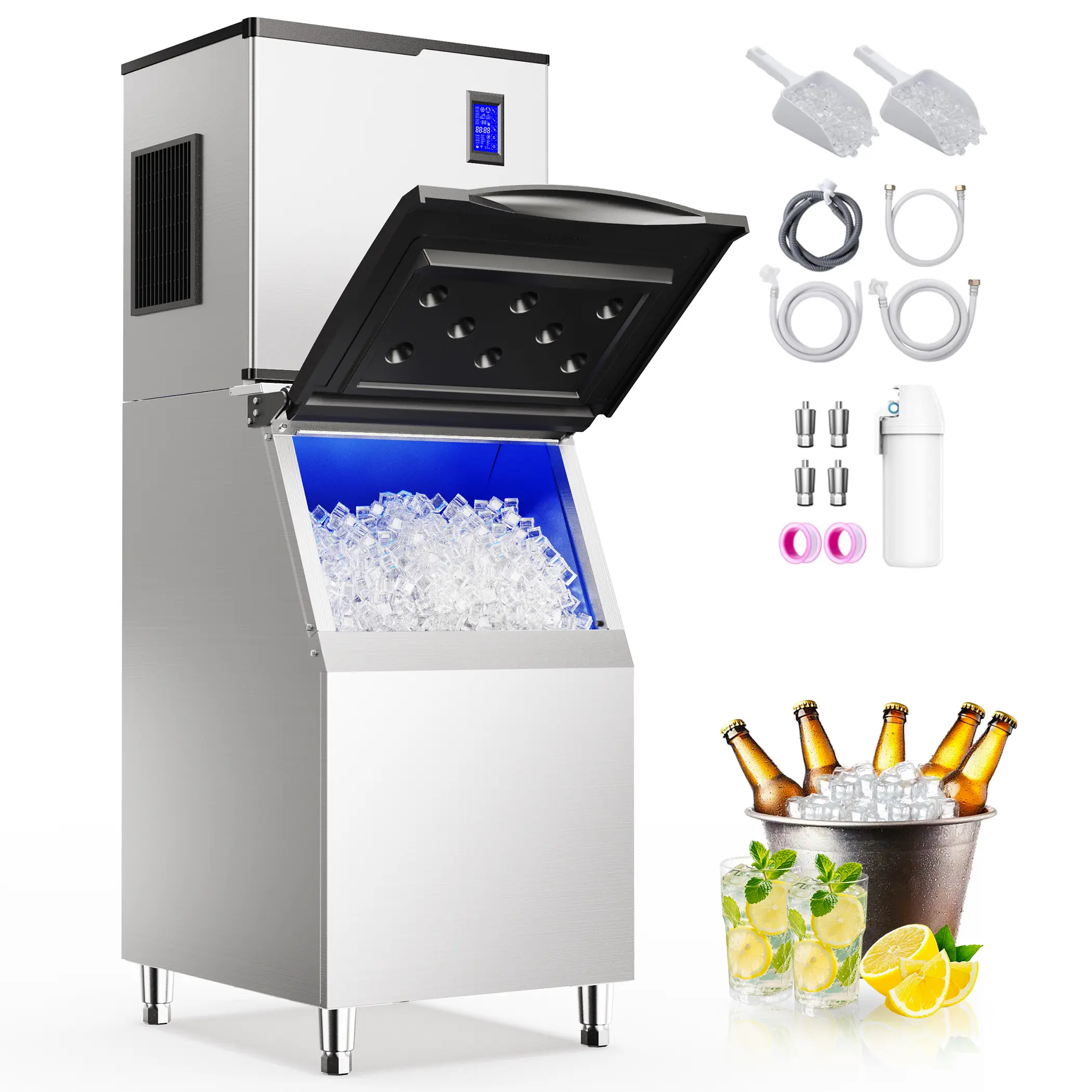 Coolake 22“ Commercial Ice Maker Machine 550lbs/24H, Air Cooled Industrial Ice Machine with 360lbs Integrated Bin, Auto Cleaning Modular Ice Machine for Restaurant Bar Pantry Hotel Party Business