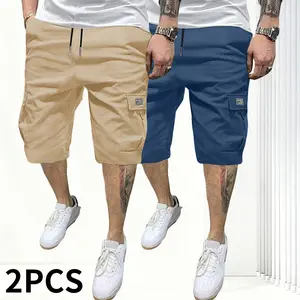 Men’s 2-pack cargo shorts with letter patches, flap pockets, drawstring waist, loose fit—four-way stretch cargo shorts suitable for sports, running, and workouts; men’s knee-length shorts.,summervibes