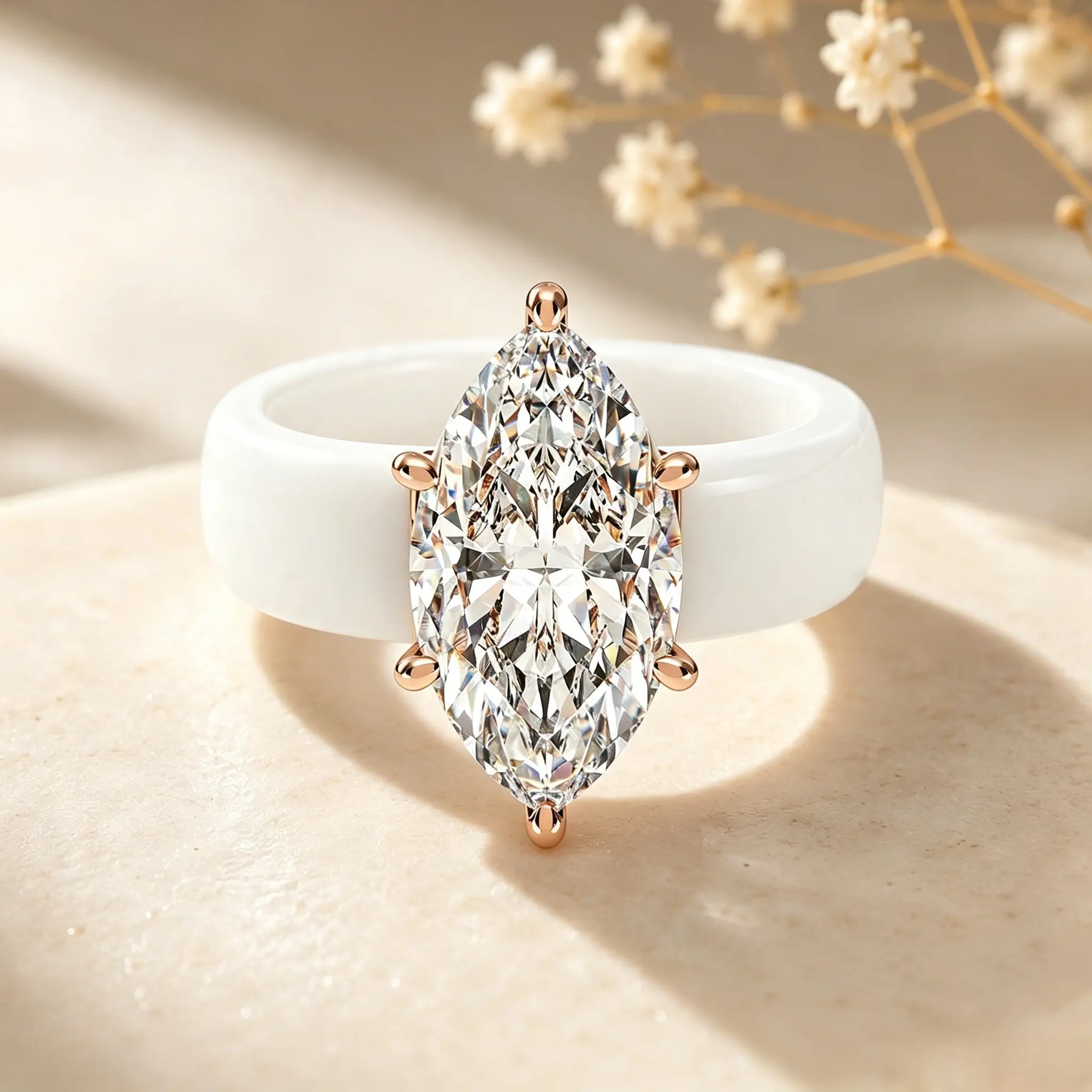 Marquise Cut Moissanite Statement Ring, Rose Gold Multi Prong Setting Wide White Ceramic Band, Large Marquise Lab Created Diamond Cocktail Ring, Luxury Engagement Wedding Promise Ring, Trendy Fashion Chunky Stacking Jewelry Gift For Women