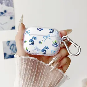 Blueberry Bow Bloom Pattern Protective Case for AirPods 4/3/2/1/Pro/Pro2 Soft TPU Earphone Cover, Transparent with Keychain