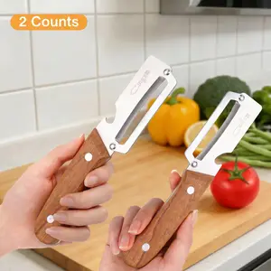 Upgraded 2-in-1 Vegetable Peeler Set (2 pcs), stainless steel blades, ergonomically designed wooden handles, built-in fruit and vegetable opener summer vibes