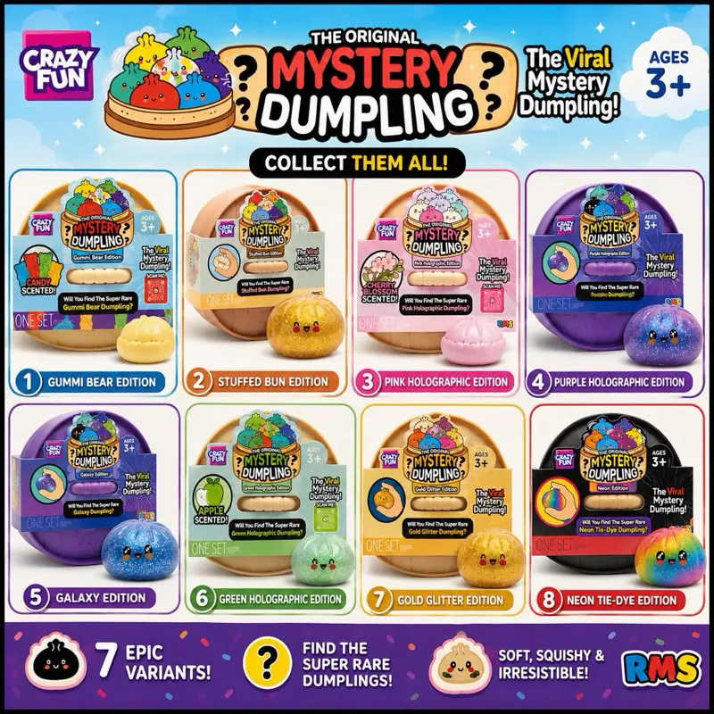 RMS Crazy Fun The Original Mystery Dumpling - Galaxy Edition /Tie Dye Edition/Gold Glitter Edition/ Green,Pink&Purple Holographic Edition/ Stuffed Bun Edition / Gummi Bear Edition Squishy Surprise, stress relief.