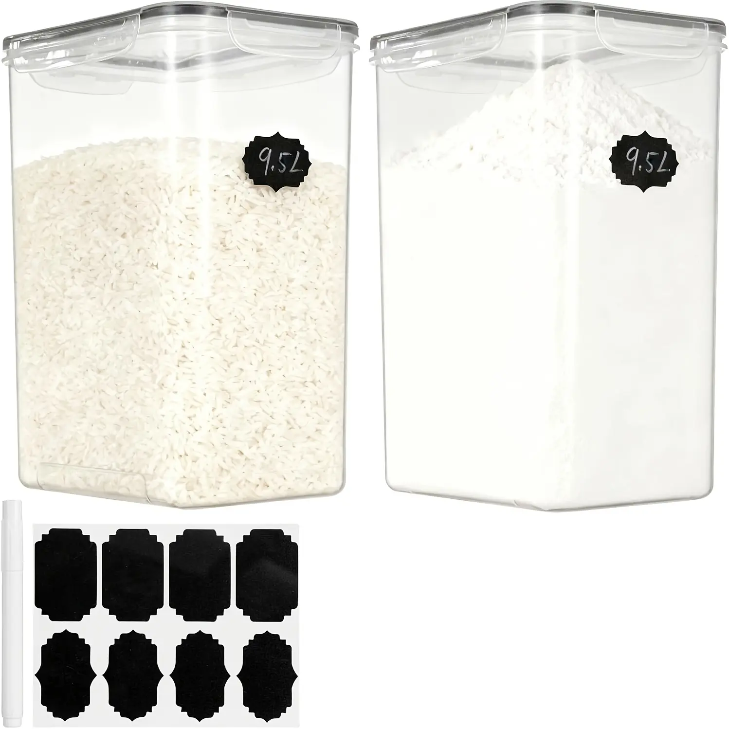 9.5 L Extra Large Flour And Sugar Storage Containers 2 PCS Plastic Bulk Airtight Food Storage Rice Containers With Lids - Kitchen Pantry Organizer And Storage Canisters, Marker & Labels