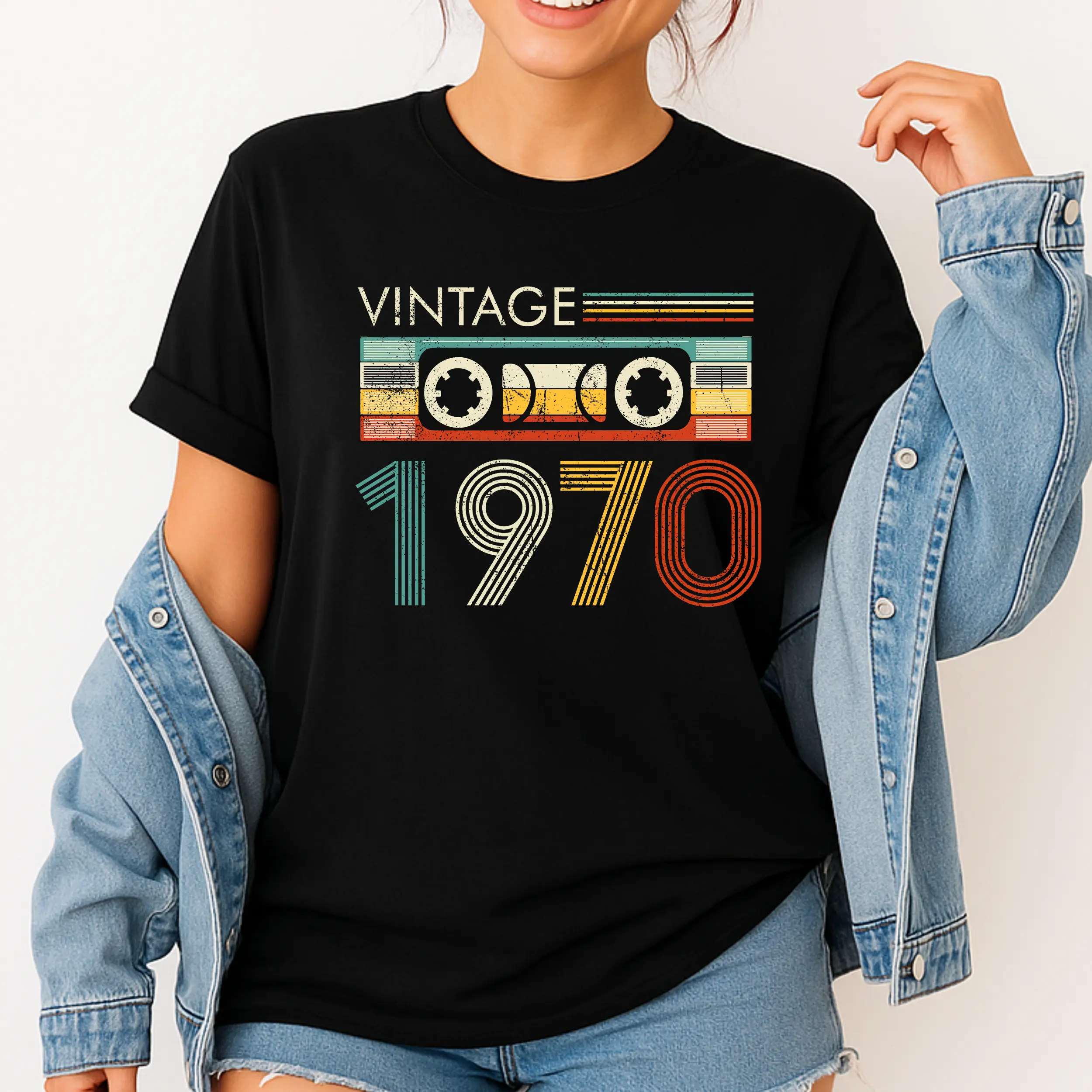 Women's Ribbed Knit Cotton Short-Sleeve Tee - Personalized 1958-2000 Birth Year Vintage Cassette Tape Prints, Casual Streetwear, Comfortable Everyday Wear
