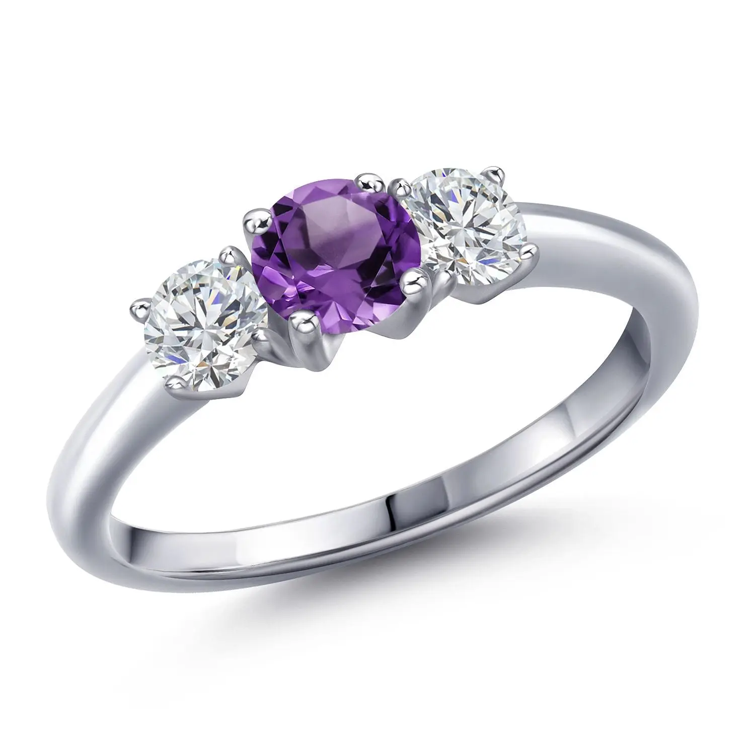 925 Sterling Silver Purple Amethyst and Lab Grown Diamond 3-Stone Engagement Ring For Women | 1.02 Cttw | Round 5MM | Gemstone February Birthstone