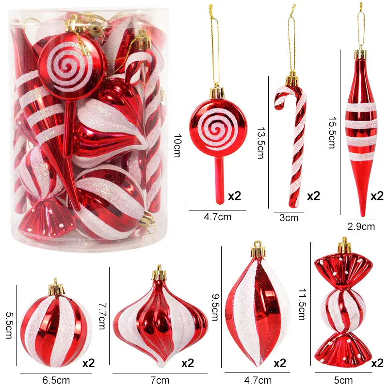 14pcs Set Red Candy Cane Christmas Ball Ornaments - Hangable Tree Decoration Pendants, 2024 Navidad Natal Xmas Home Decor Gift Set, 2024 Navidad Natal Home Decor Xmas Decor Gift Set