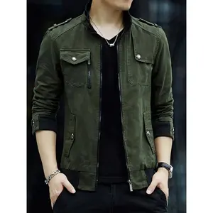 100% Cotton Men's Solid Stand Collar Zip Up Denim Jackets With Multiple Pockets Design For Outdoor Casual Daily Wear, Spring And Fall