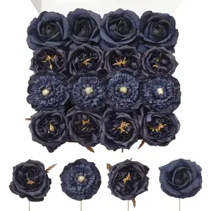 TINGE TIME Artificial Flowers Combo Box Set 16PCS Fake Rose Silk Flower with Stem for DIY Wedding Bouquets Centerpieces Baby Shower Party Home Fall Decoration (Navy Blue) Decorative Fruit