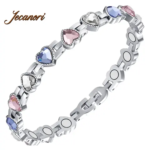 Jecanori Women's Titanium Steel Magnetic Bangle - Neodymium Magnets, Heart Zirconia, Multicolor Stackable, Sleek Minimalist Exquisite Trendy Bracelet, Magnetic Snap Fit, Female Metal Anniversary Costume Jewelry Gift, Bracelets Stack Arm Candy Accessories
