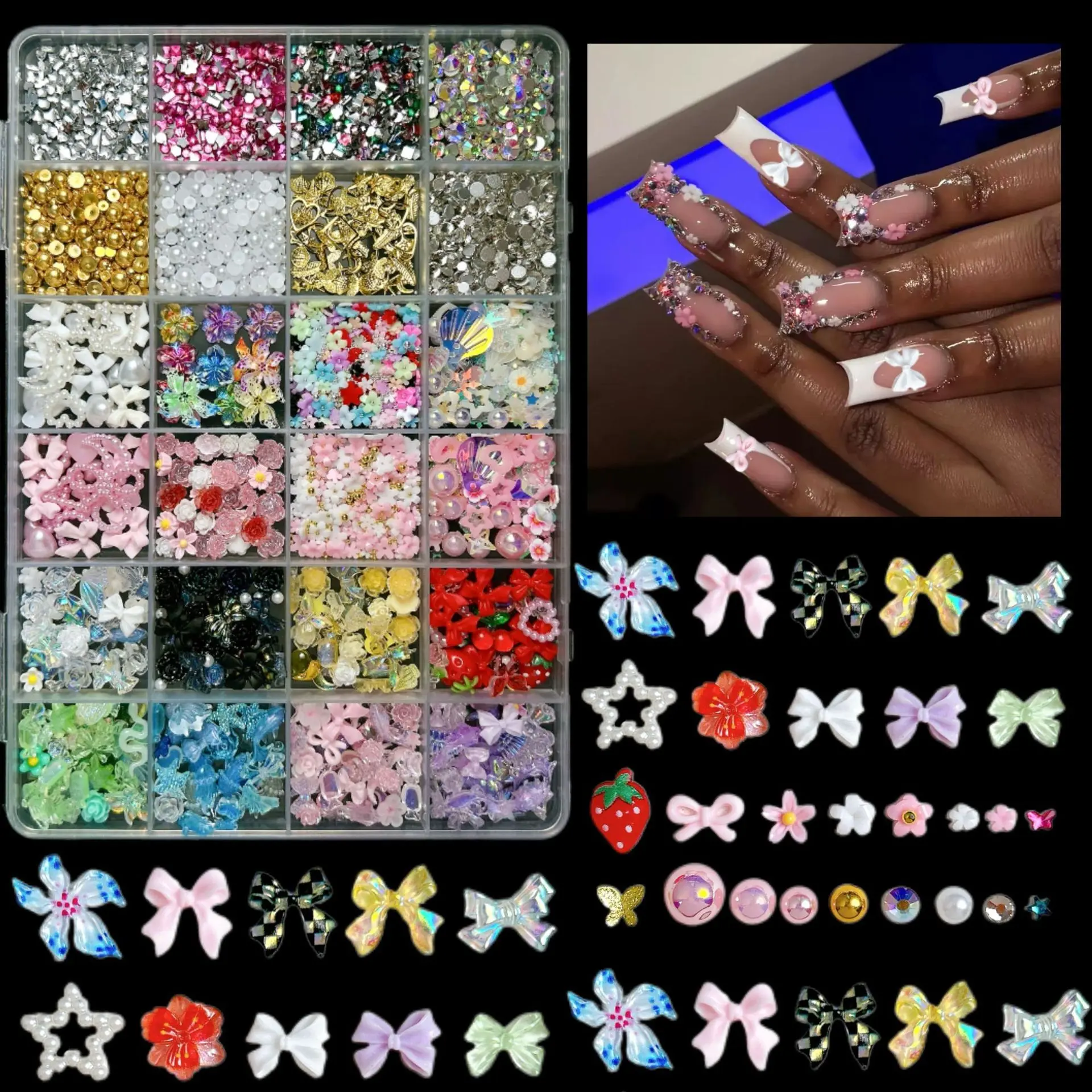 24-Piece Nail Art Decor Set, Resin Flowers, Bowknots, Pearls, Metal Charms, DIY Nail Accessories, Beauty Supplies, Craft Kits，Nail Art Rhinestones / Flatback Crystals / Multi-Color / Pickup Tool