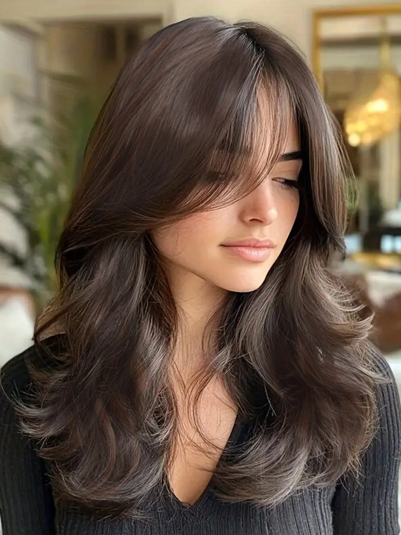 Women's Medium Long Wavy Wig with Bangs , Flaxen Color, Daily Use Synthetic Hair Cap, Face Shaping, Perfect for Everyday Wear, Artificial Wig, Fashion Wig, Synthetic Machine Wigs