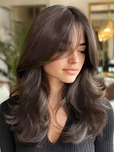 Women's Medium Long Wavy Wig with Bangs , Flaxen Color, Daily Use Synthetic Hair Cap, Face Shaping, Perfect for Everyday Wear, Synthetic Machine Wigs