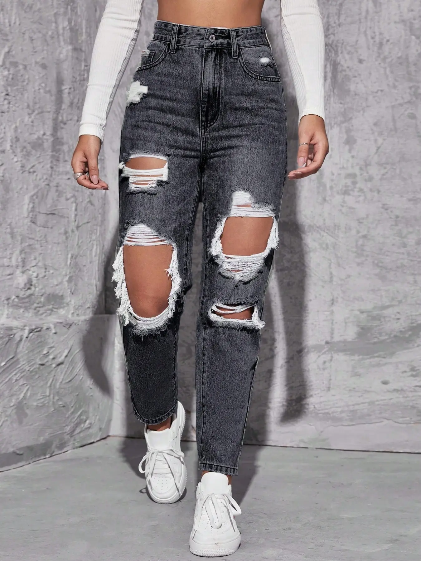 Women's High Waist Ripped Vintage Light Wash Straight Leg Loose Fit Everyday Jeans, Casual Long Pants, Trendy Boyfriend Style, Street Style, Comfortable Denim Bottoms
