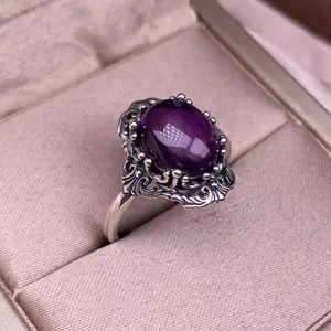 Antique Style Amethyst Crystal Ring Handcrafted Floral Lace Design Unisex Gothic Boho Wedding Band Gift Premium