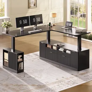 Sedeta 69-Inch L-Shaped Electric Standing Desk - Ergonomic Home Office Executive Furniture with 4 Drawers, Storage Shelves, Fluted Surface, Power Outlet, USB Ports, Adjustable Height Display