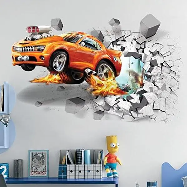 3D Running Horse Self-adhesive Removable Break Through The Wall Vinyl Wall Stickers/Murals Art  Decorator  (Flying Car50 x 70cm)