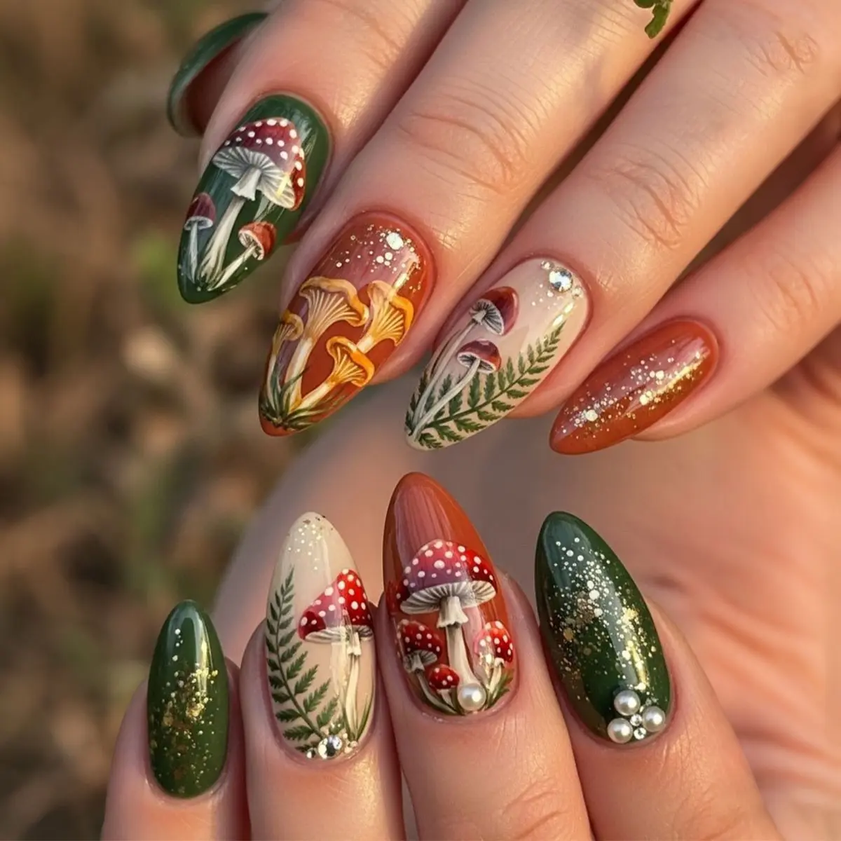 24pcs Press-On Nails Set, Almond Shape Mushroom Design, Fern Plant Glitter False Nails with Pearl Rhinestone, Decorative Nails, Includes Jelly Gel & File