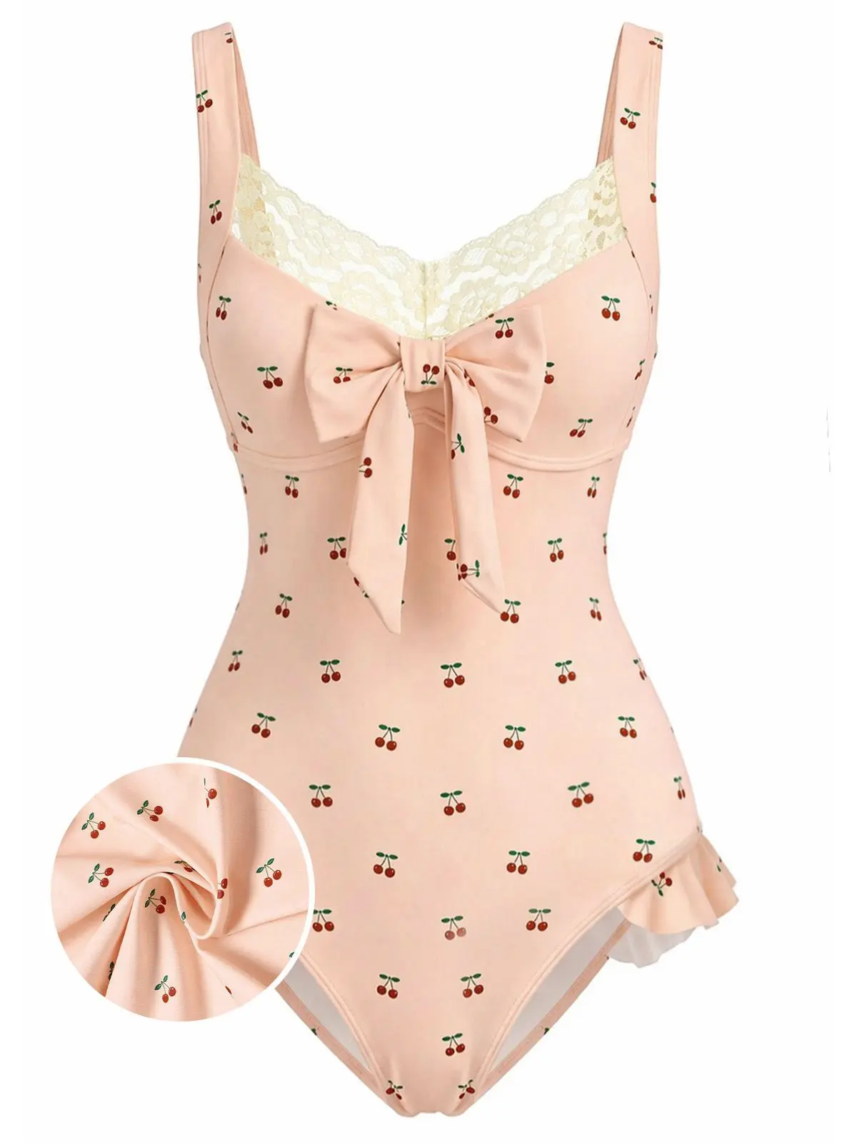 Pink 1950s Lace Cherry Bow One-Piece Swimsuit vacation swimwear for women cute summer outfits