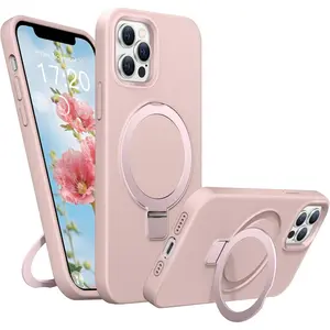 Soft Liquid Silicone Case for iPhone 12 Pro Max with Magnetic Invisible Stand, Military Grade Shockproof Protection, Anti-Scratch Microfiber Lining Covers for iPhone 12 Pro Max, Pink