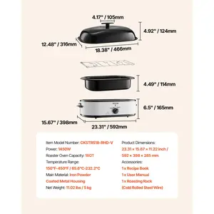 VEVOR Roaster Oven, 18QT Electric Roaster Oven, 150-450 Adjustable Temperature Electric Roasting Pan, Multifunctional Electric Roasters Oven with Self-Basting Lid, Removable Pan and Rack for Holiday