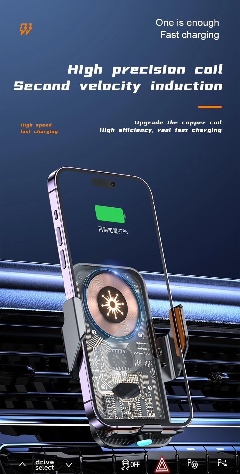 Auto Car Mount Phone Holder Stand Car Wireless Charger  For iPhone Samsung LG Infrared Induction 15W Qi Fast Charging Station Adapter Transparent Adjustable Automatic Cable Clip Device Protection Usb Cellphone  Smartphone Mobile Electronic