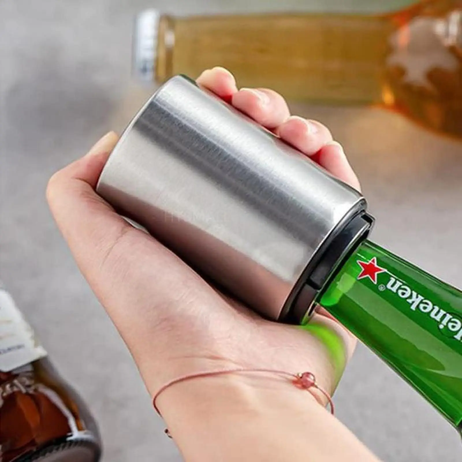 Magnetic Automatic Stainless Steel Push-Down Beer & Glass Bottle Opener with Plastic Cap Catcher, No-Slip Grip, Quick Opening – Premium Kitchen Utensil Gadget for Outdoor Use, Perfect Gift for Dads