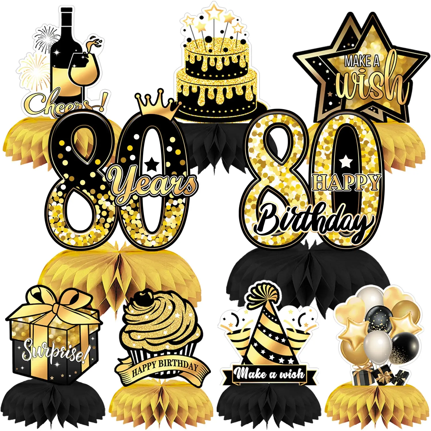 9 Pcs 3D Black Gold 80th Birthday Centerpiece Decorations Table Decor for Party Cheers to 80 Years Celebration Supplies