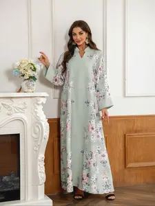 Women's Long Robe with Print and Beads, Long Sleeves, Plus Size Dress, Fashionable Outerwear, Elegant and Stylish, Perfect for Special Occasions, Plant