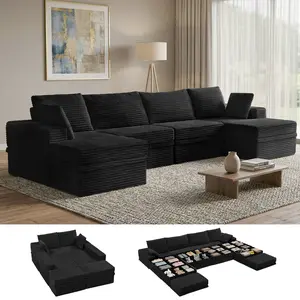 【3 Packages Shipping】NABUMI 142" Modular Sectional Sofa with Storage, Oversized U-Shaped Cloud Couch with Ottoman, 27" Deep Seat Memory Foam Corduroy  6 Seater U Shaped Couch, Free Combination, Tool-Free Assembly, Black BeigeDark Gray Green