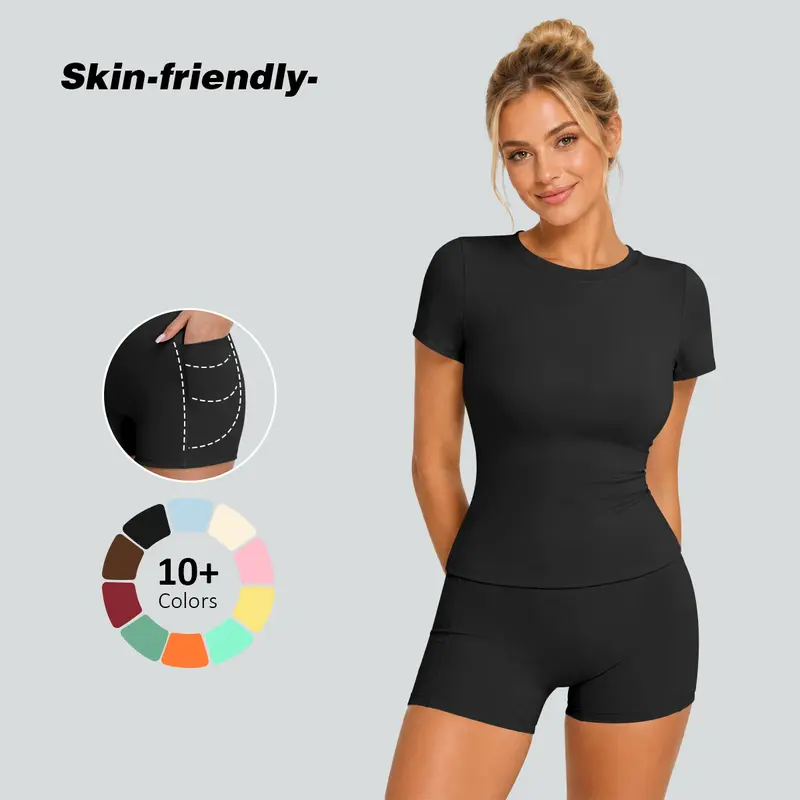 Women's High-End 2-Piece Activewear Set - Gym Workout Apparel, Short Sleeve Workout Tops, High-Waisted Fitted Shorts, Solid Color, Breathable Quick-Drying, for Yoga Gym, Casual Sports Clothing Sets