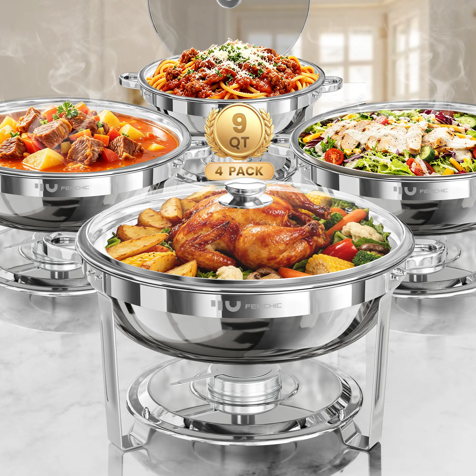 Femchic 9QT Silver Chafing Dishes for Buffet with Glass Lid, 2/4 Pack Stainless Steel Round Chafer Set, Stackable & Smooth Rim, for Commercial Catering, Parties, Weddings & Holiday Gatherings