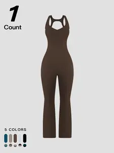 Women's Solid Color Flare Leg Jumpsuit, Casual Comfy Breathable Overalls Jumpsuit for Daily Wear, Tummy Control Butt-Lifting Design, Yoga Gym Workout Running Cycling Wear, Ladies Clothes for All Seasons, Dancewear, Sporty Comfy Jumpsuit