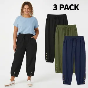 Plus Size Linen Pants for Women 3 Pack, High Waist Drawstring Casual Joggers with Pockets, Button Detail Loose Cropped Trousers, Comfy Summer Beach Pants for Curvy Women