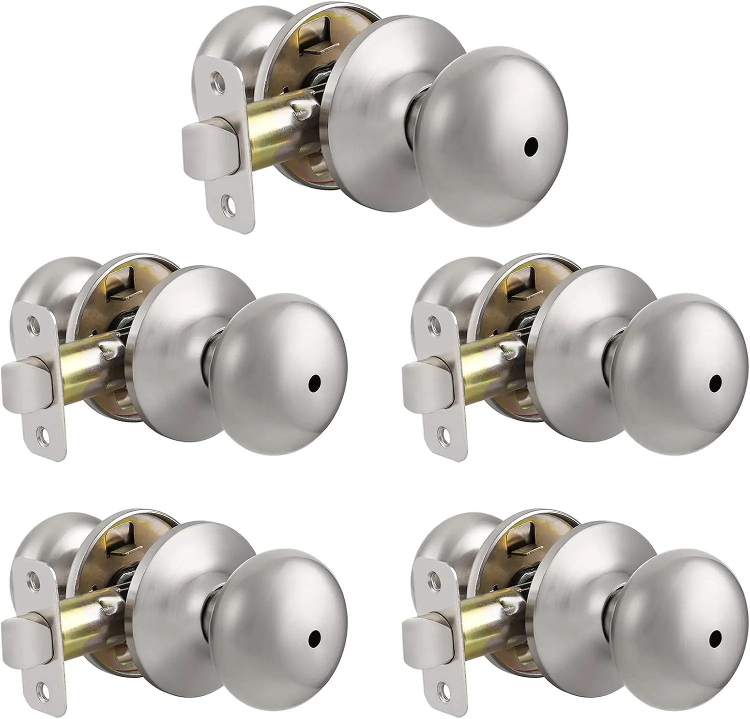 5-Pack Brushed Nickel Stainless Steel Keyless Door Knobs - 2-3/8" or 2-3/4" Backset, Easy Installation, Bed/Bath Handles for Bedroom and Bathroom