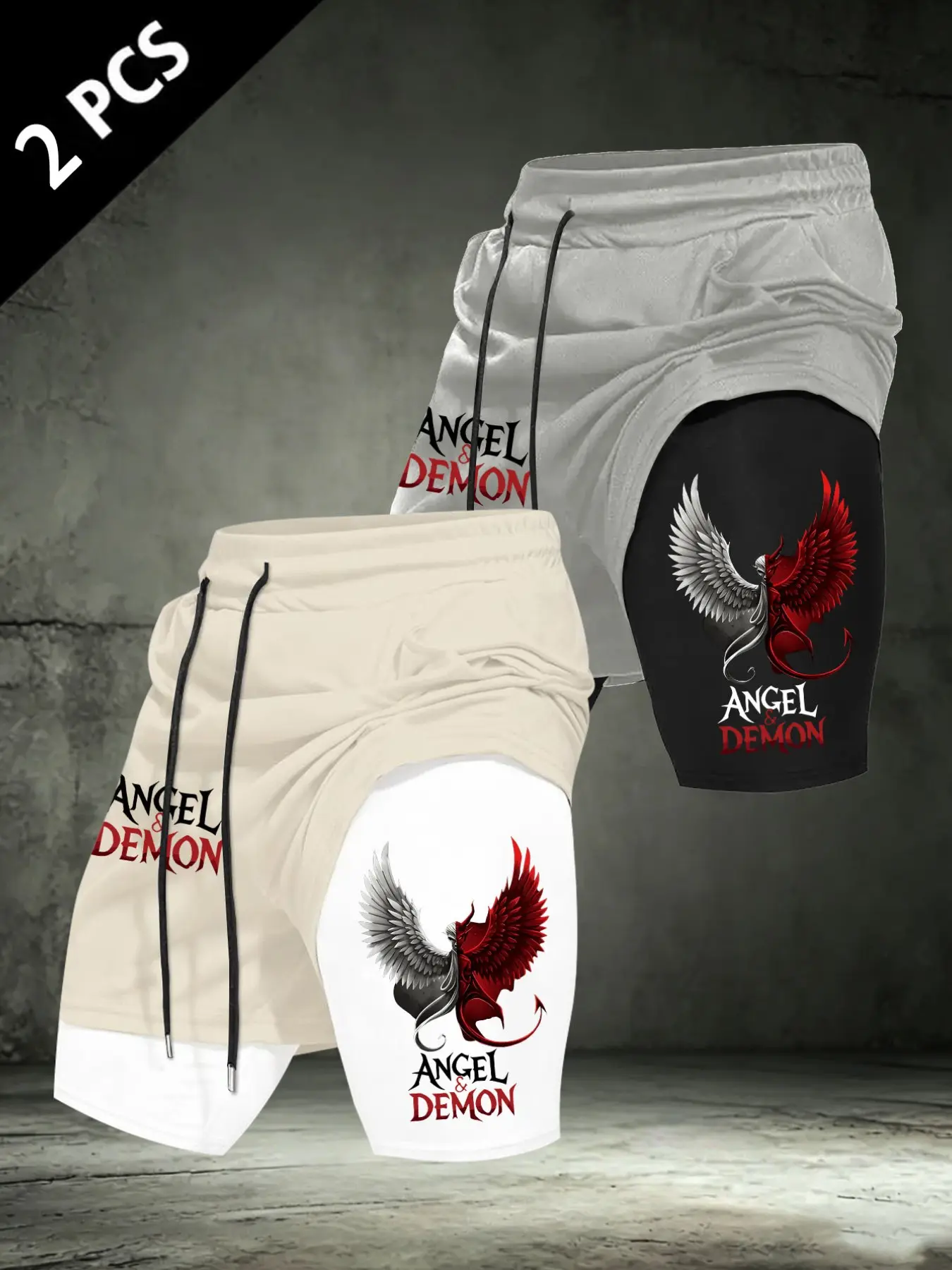 Men's "Angel & Demon" Print 2-in-1 Fake Two-Piece Shorts, 2-Pack Compression Lined Gym Shorts, Streetwear Athletic Shorts, Casual Athletic Shorts #AngelDemonShorts #FakeTwoPieceShorts #2in1GymShorts #StreetwearAthletic #TikTokMadeMeBuyIt