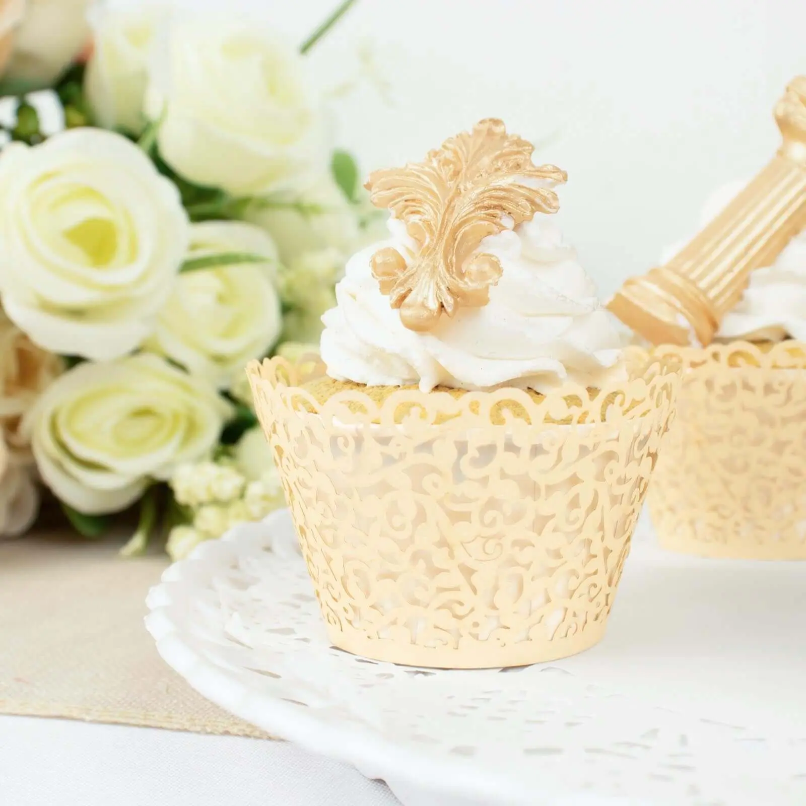 25-Pack Paper Cupcake Wrappers Ivory Lace Laser Cut Design - Muffin Baking Cup Trays for Events