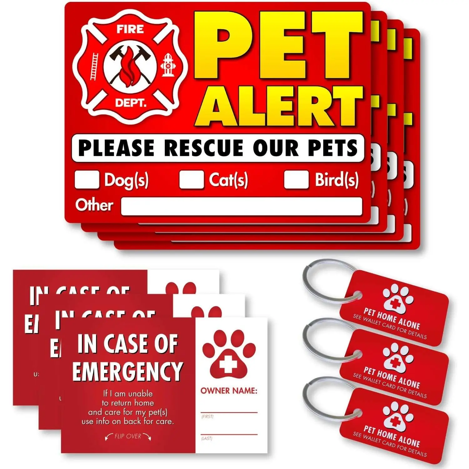 Pet Alert Stickers & Static Clings - FIRE Safety Alert and Rescue (10 Pack) - 7 Mil -UV Laminated - 3 Key Tags - 3 Cards save Your Pets Encase of Emergency or Danger Pets in Home
