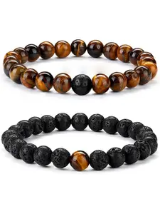 Men's 8MM Beaded Bracelets - Tigers Eye & Lava Rock Stone Matching Bracelets for Couples