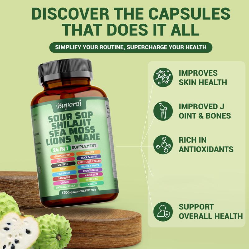 Buporai 24-in-1 Dietary Supplement, 120 capsules, is rich in antioxidants and contains extracts of high-quality ingredients such as soursop, shilajiri, seaweed, and lion's mane mushroom to support skin, joint, and bone health.