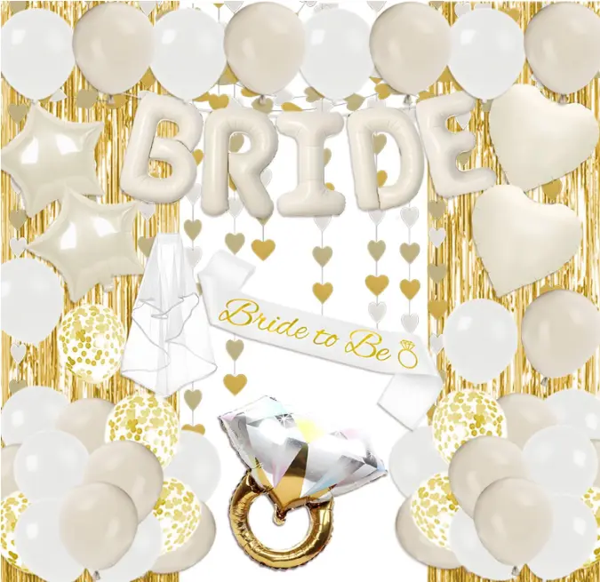 53Pcs Champagne Gold Bridal Shower Decorations Kit - Bride-to-Be Balloons, Sash, Veil, Foil Curtains, Photo Backdrop Supplies for Engagement Party