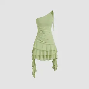 Cider [size 0-10] Mesh Asymmetrical Neck Solid Layered Ruffle Hem Mini Dress